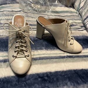 Paolo Cream Lace-Up Leather Mule Heels